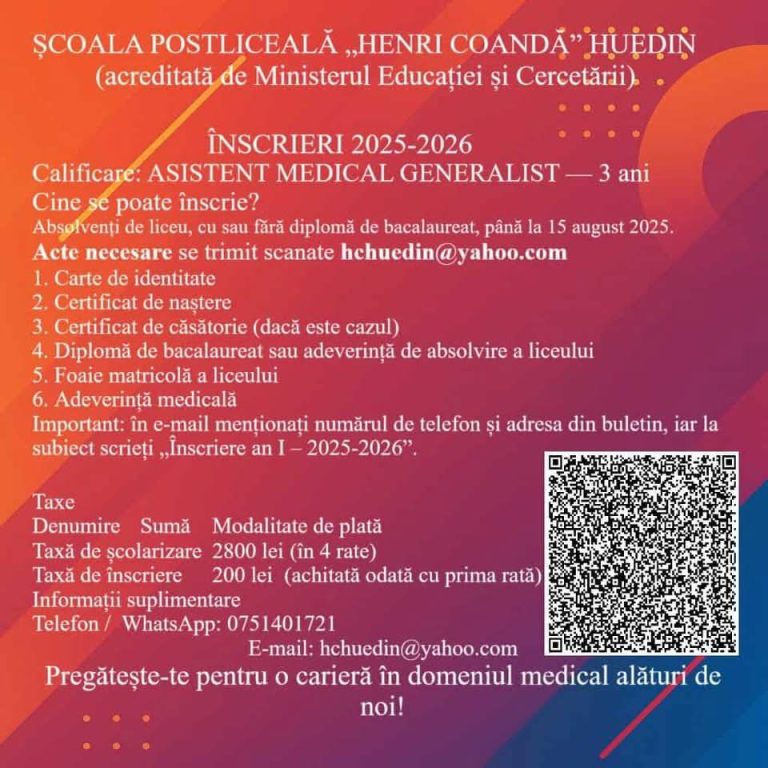Înscrieri 2025–2026 la Școala Postliceală „Henri Coandă” Huedin!
